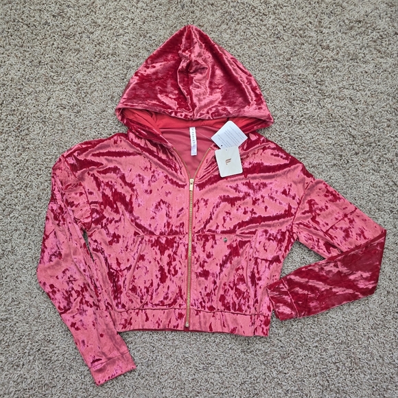 Fabletics Crushed Velour Zip Up Hoodie Strawberry Red - Small - Picture 4 of 8